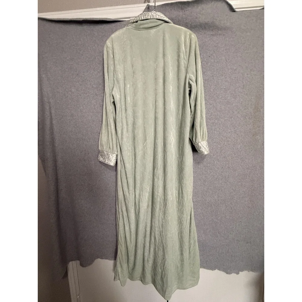 Diamond Tea Robe Womens L-XL Green Velour Zip Front‎ Embroidered Kaftan Pockets